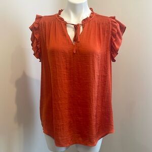 RACHEL Rachel Roy Top Flutter Ruffle Sleeveless Split Neck Silky Orange Blouse